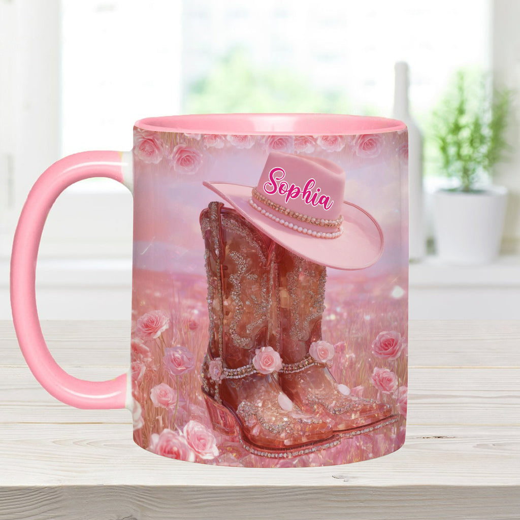 Personalisierte Tasse mit Cowgirl-Motiv und Blumenmuster