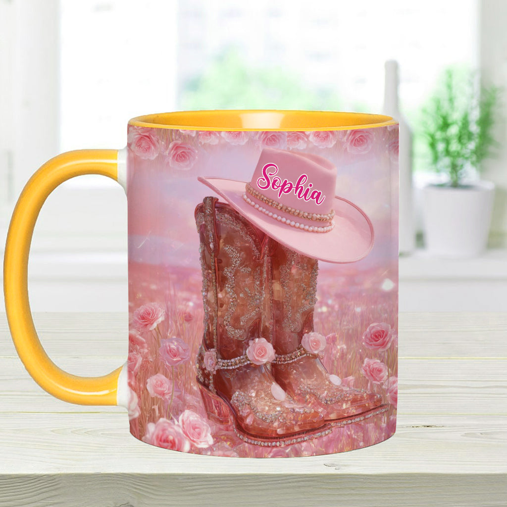 Personalisierte Tasse mit Cowgirl-Motiv und Blumenmuster