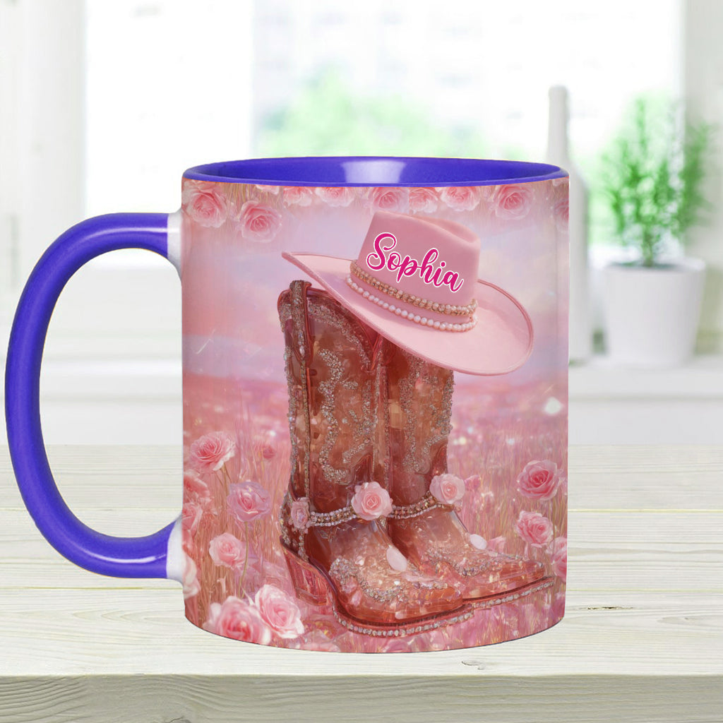 Personalisierte Tasse mit Cowgirl-Motiv und Blumenmuster