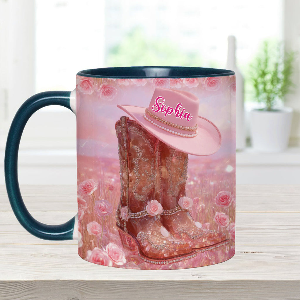 Personalisierte Tasse mit Cowgirl-Motiv und Blumenmuster