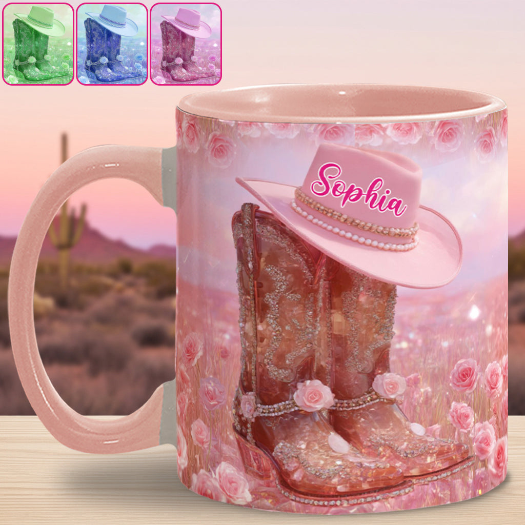 Personalisierte Tasse mit Cowgirl-Motiv und Blumenmuster