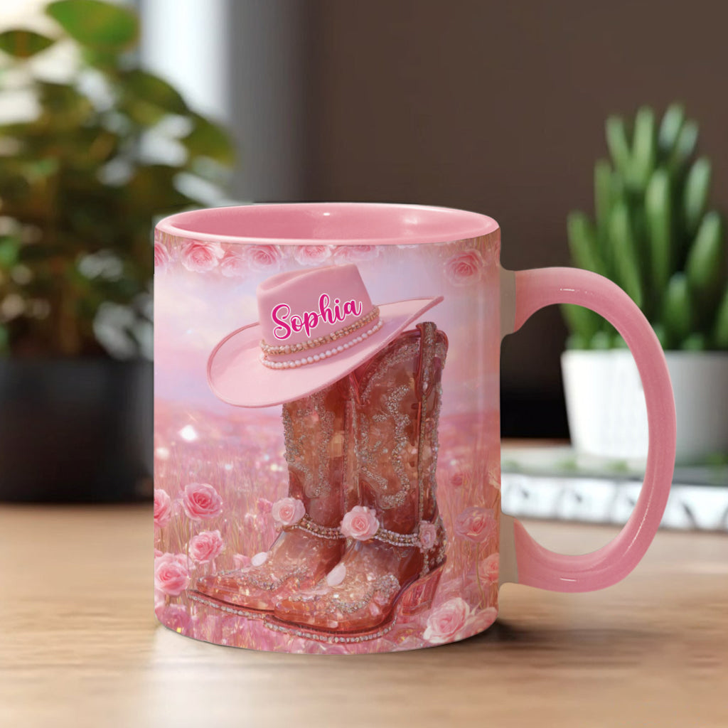 Personalisierte Tasse mit Cowgirl-Motiv und Blumenmuster