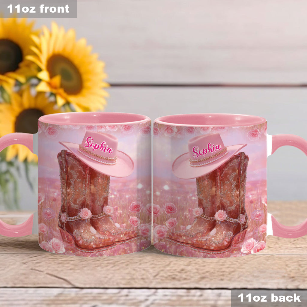 Personalisierte Tasse mit Cowgirl-Motiv und Blumenmuster