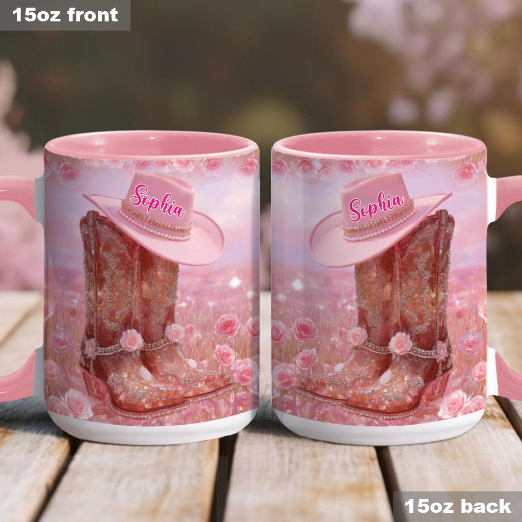 Personalisierte Tasse mit Cowgirl-Motiv und Blumenmuster