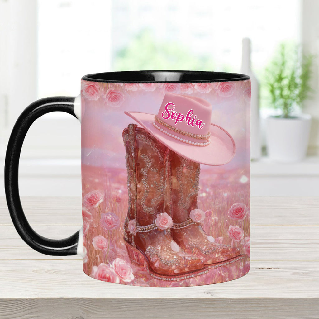 Personalisierte Tasse mit Cowgirl-Motiv und Blumenmuster