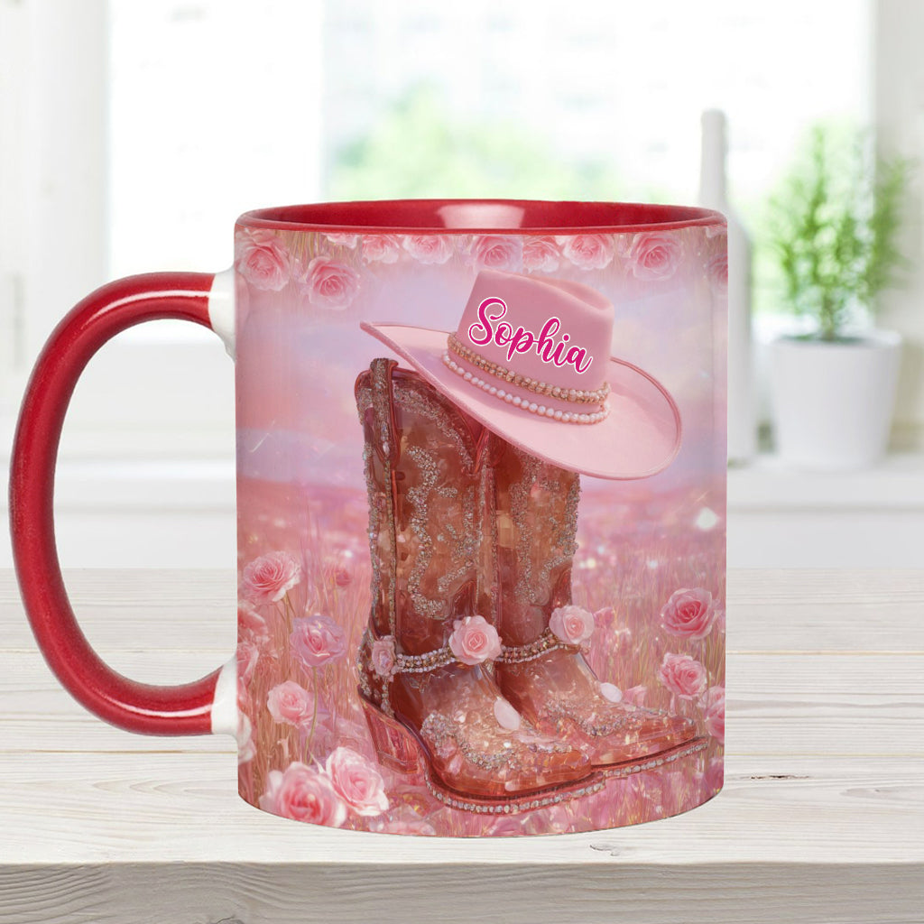Personalisierte Tasse mit Cowgirl-Motiv und Blumenmuster