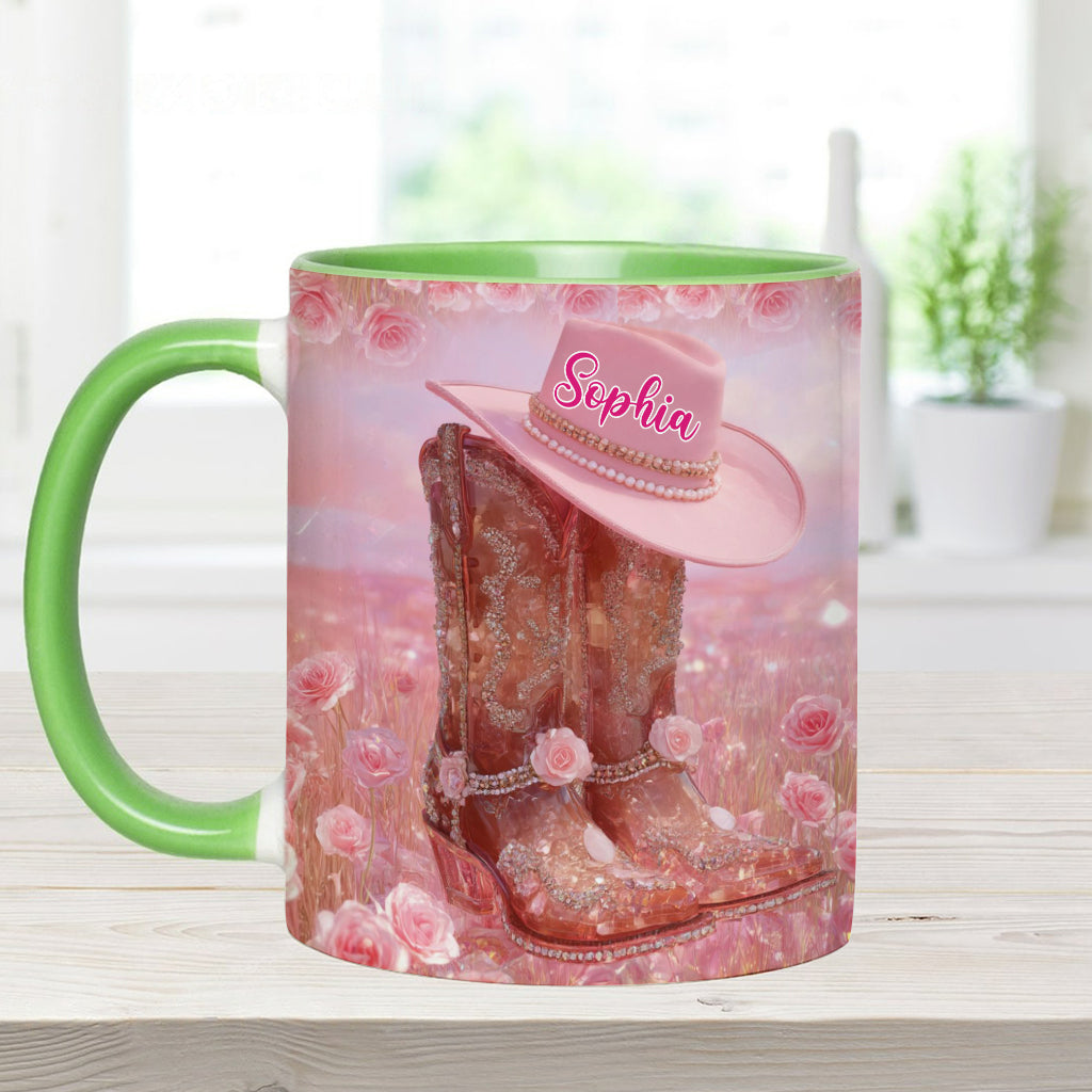 Personalisierte Tasse mit Cowgirl-Motiv und Blumenmuster