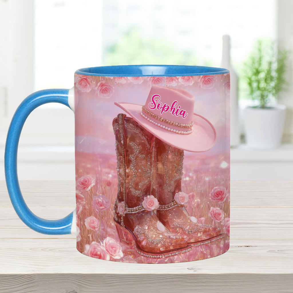Personalisierte Tasse mit Cowgirl-Motiv und Blumenmuster
