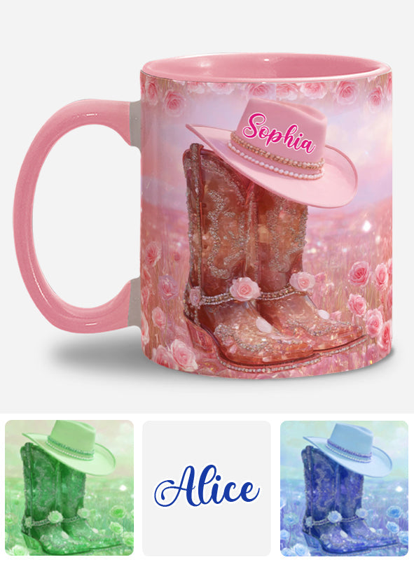 Personalisierte Tasse mit Cowgirl-Motiv und Blumenmuster