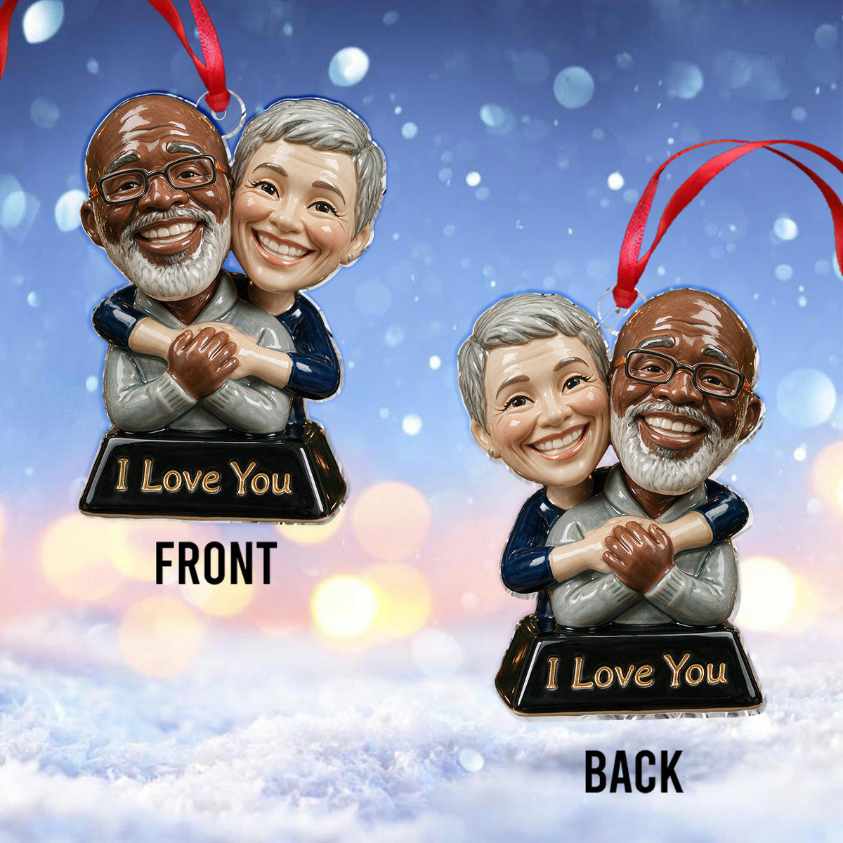 Funny Gift Cartoonish Exaggerated Mascot Caricature Style - Personalized Couple Custom Shape Ceramic Ornament