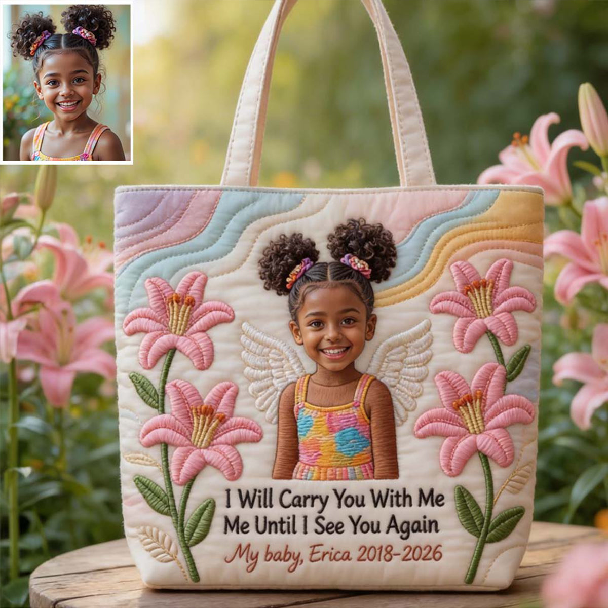 Custom Any Photo I Will Cary You With Me - Personalized Memorial Quilted Tote Bag