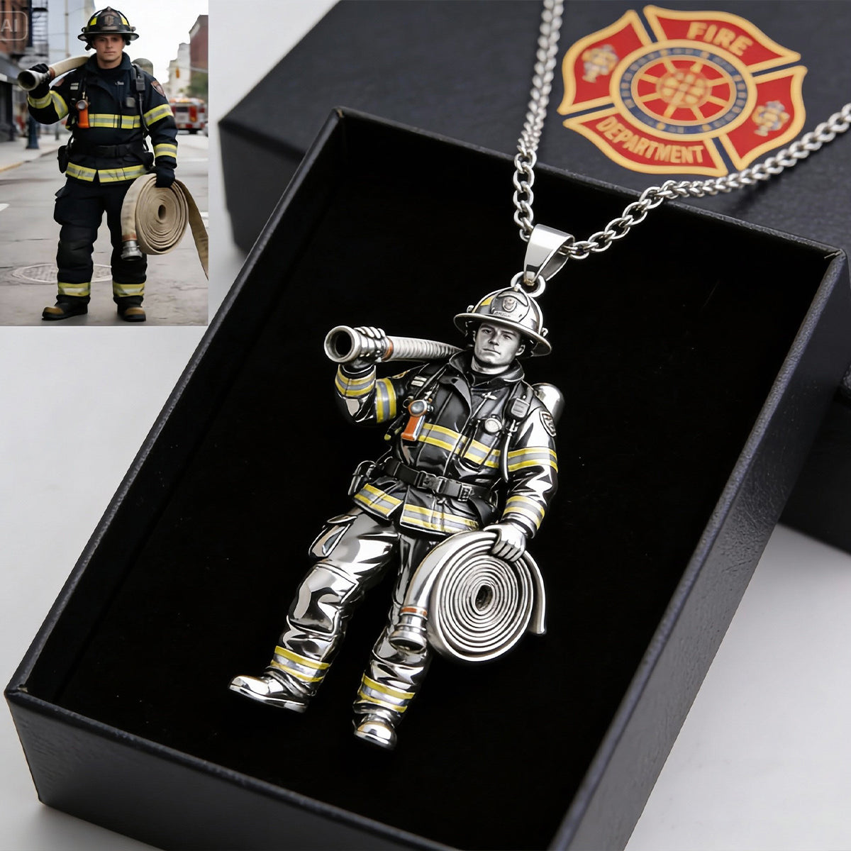 Feuerwehrmann, Polizist ... Jeder Beruf – Jedes Foto – Personalisierte Halskette mit Anhänger in Feuerwehrmannform