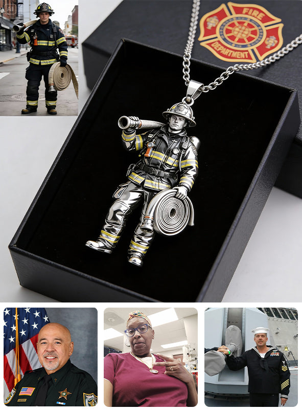 Feuerwehrmann, Polizist ... Jeder Beruf – Jedes Foto – Personalisierte Halskette mit Anhänger in Feuerwehrmannform