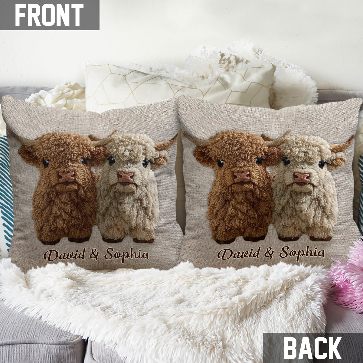 Coussin décoratif personnalisé « You & Me » représentant une vache des Highlands