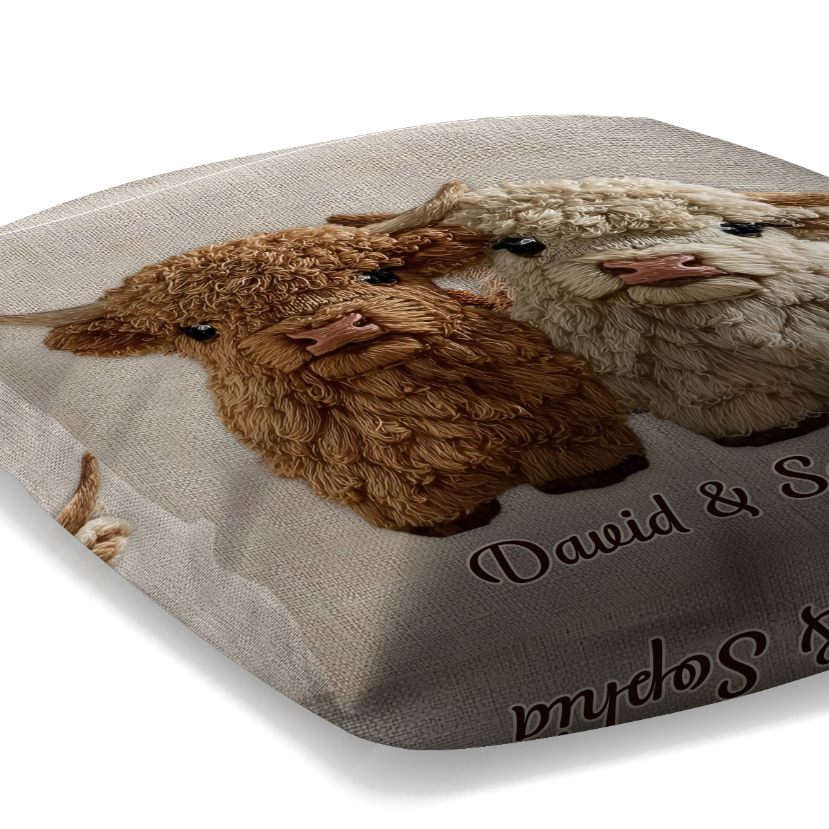 Coussin décoratif personnalisé « You & Me » représentant une vache des Highlands