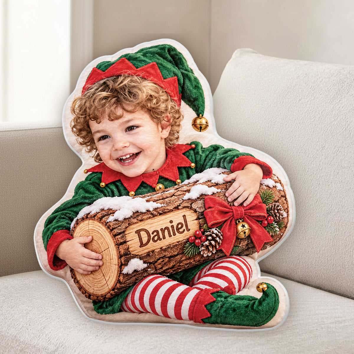 Bûche de Noël - Coussin en Fausse Fourrure Personnalisé pour Enfant