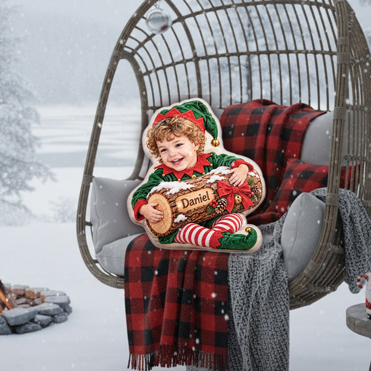 Bûche de Noël - Coussin en Fausse Fourrure Personnalisé pour Enfant