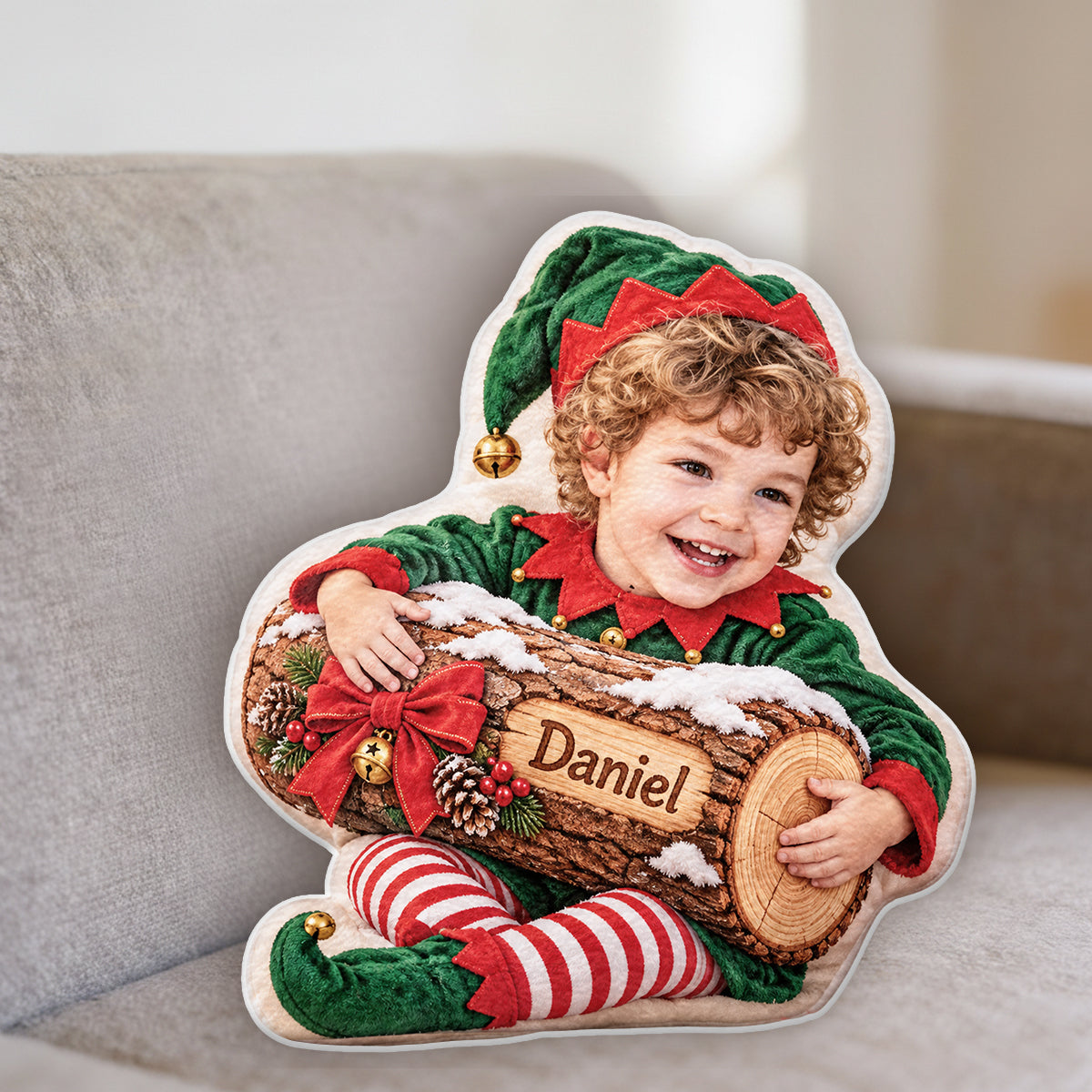 Bûche de Noël - Coussin en Fausse Fourrure Personnalisé pour Enfant