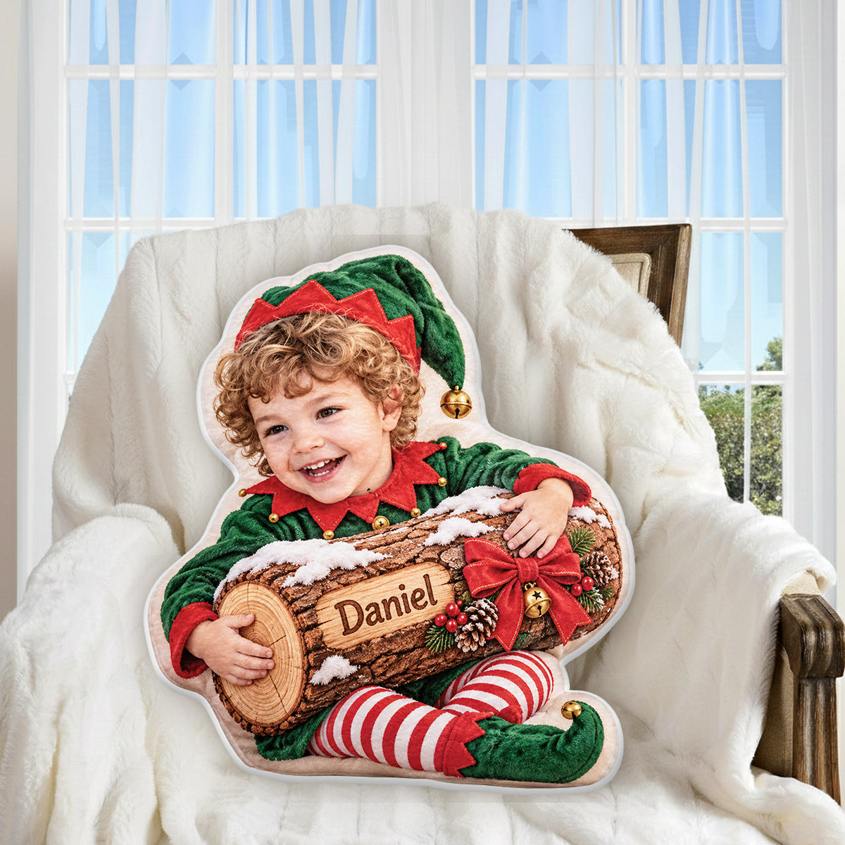 Bûche de Noël - Coussin en Fausse Fourrure Personnalisé pour Enfant