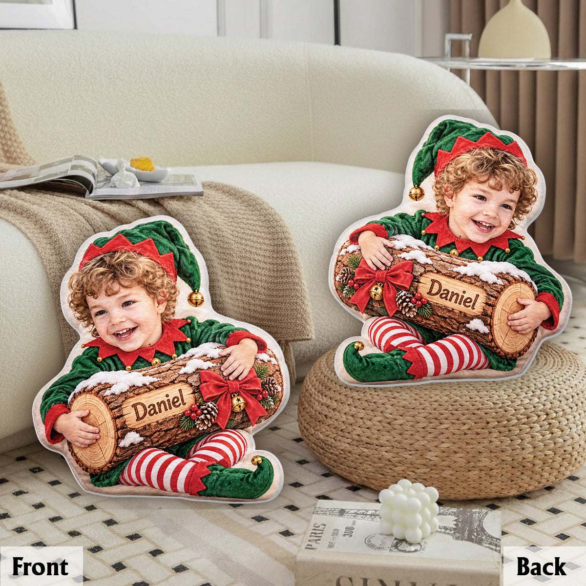 Bûche de Noël - Coussin en Fausse Fourrure Personnalisé pour Enfant