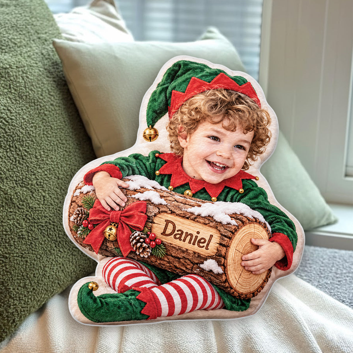Bûche de Noël - Coussin en Fausse Fourrure Personnalisé pour Enfant
