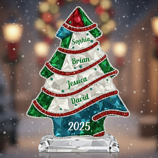 Kristallbaum „Frohe Weihnachten“ – Personalisierte Acrylplakette in individueller Familienform