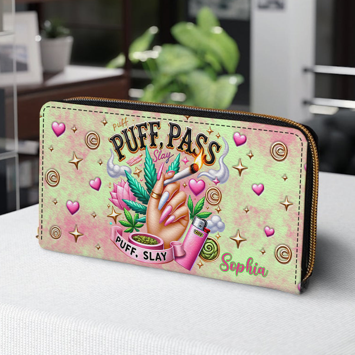 Stoner Chic – Personalisierte lange Geldbörse aus Leder mit Weed-Motiv