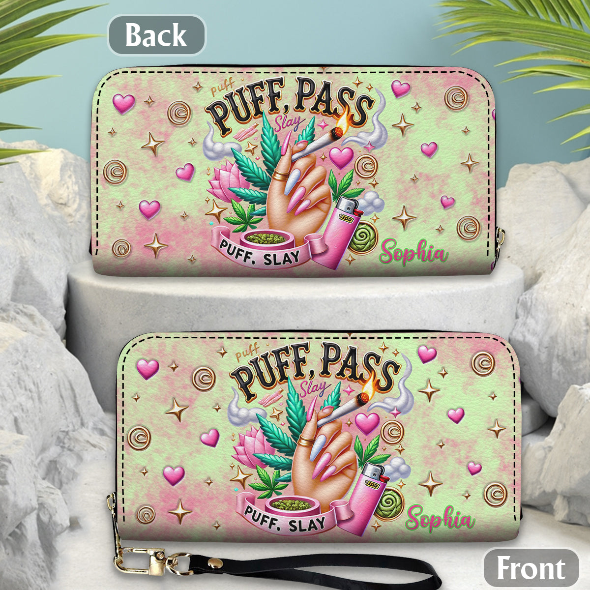 Stoner Chic – Personalisierte lange Geldbörse aus Leder mit Weed-Motiv