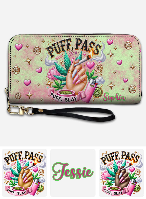 Stoner Chic – Personalisierte lange Geldbörse aus Leder mit Weed-Motiv