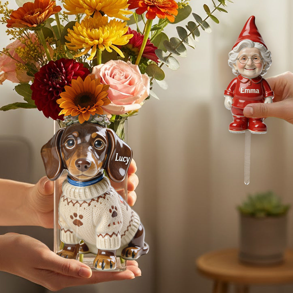 Individuell gestaltbarer Acryl-Blumentopf mit Hundemotiv und Pfahl – Foto nach Wunsch.