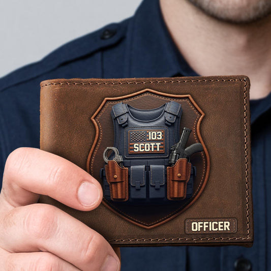 Taktische kugelsichere Weste für die Polizei – personalisierte Ledergeldbörse für Polizeibeamte