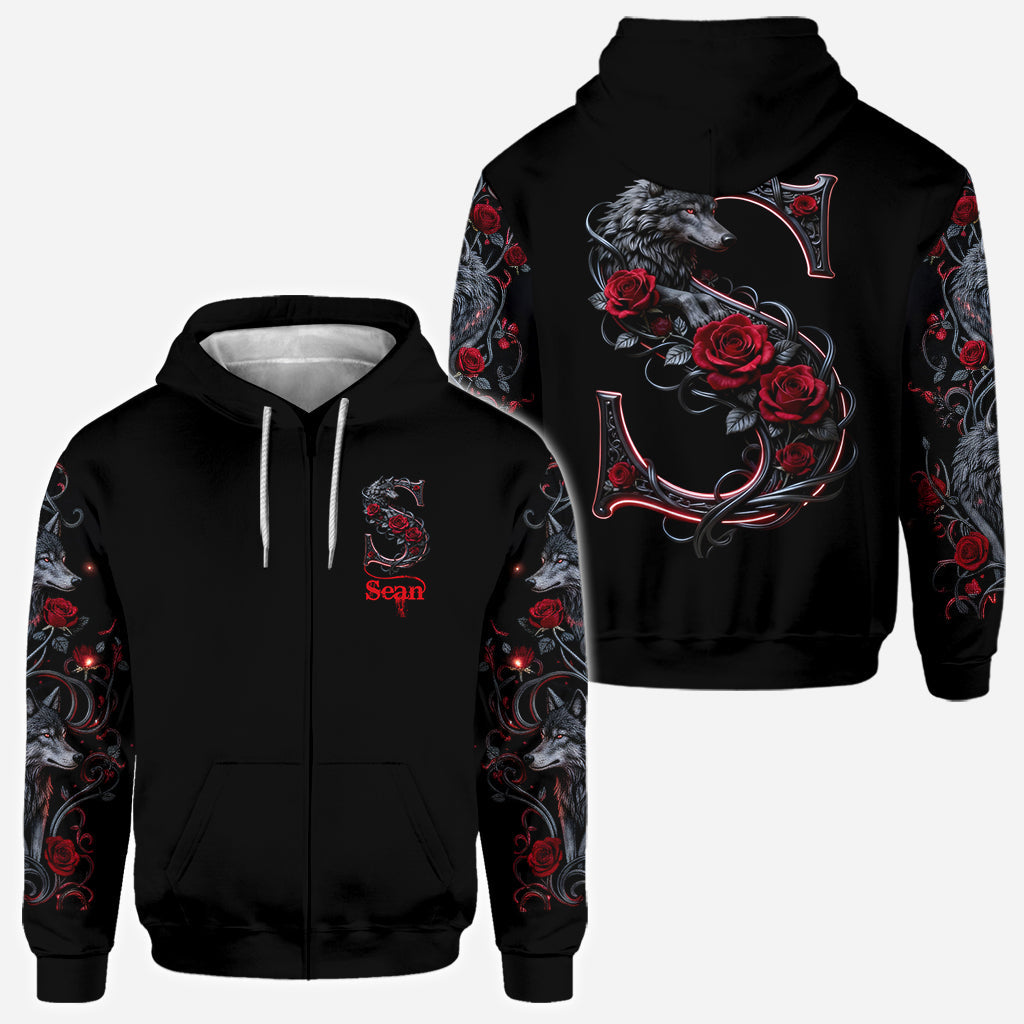 Loup et roses, personnalisation initiale - T-shirt personnalisé avec loup intégral