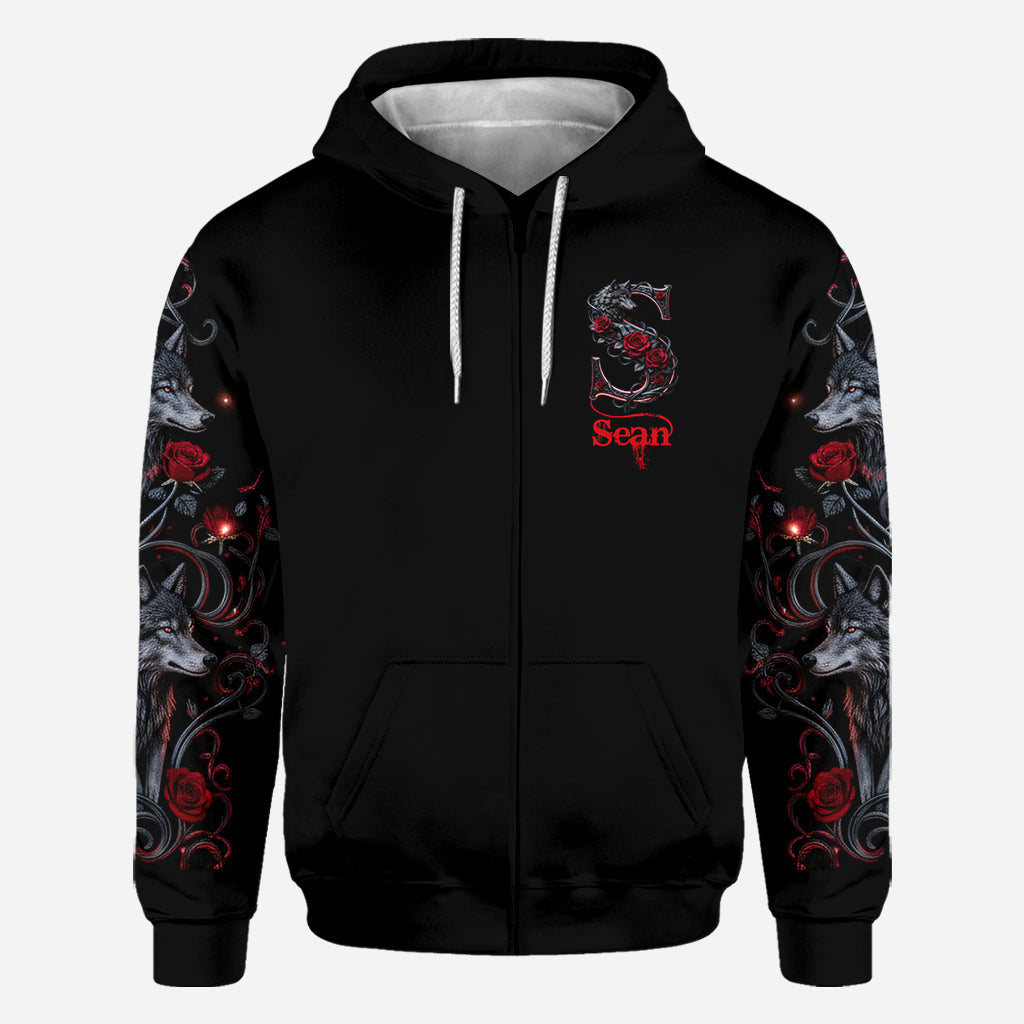 Loup et roses, personnalisation initiale - T-shirt personnalisé avec loup intégral