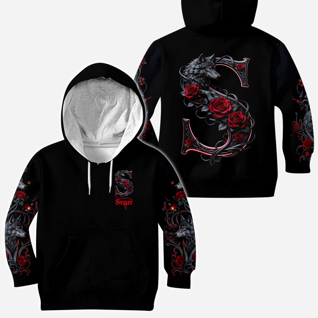 Loup et roses, personnalisation initiale - T-shirt personnalisé avec loup intégral