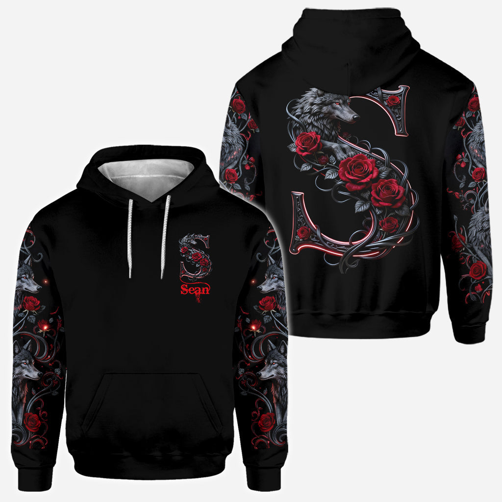Loup et roses, personnalisation initiale - T-shirt personnalisé avec loup intégral