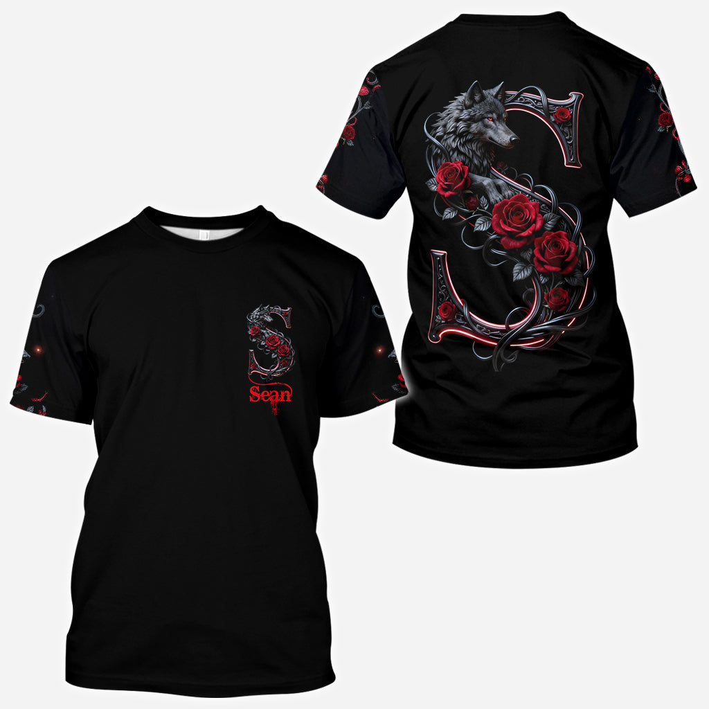 Loup et roses, personnalisation initiale - T-shirt personnalisé avec loup intégral