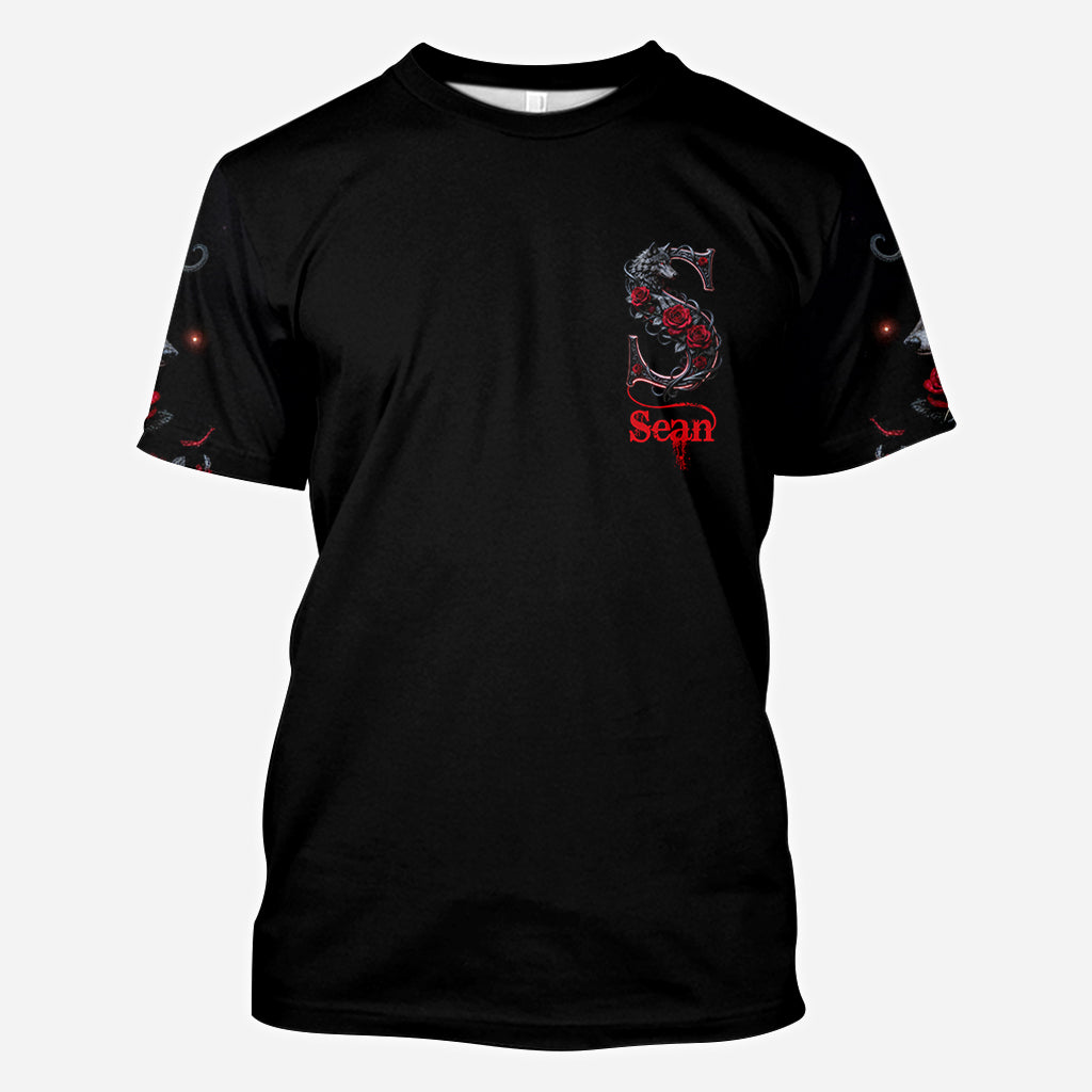 Loup et roses, personnalisation initiale - T-shirt personnalisé avec loup intégral