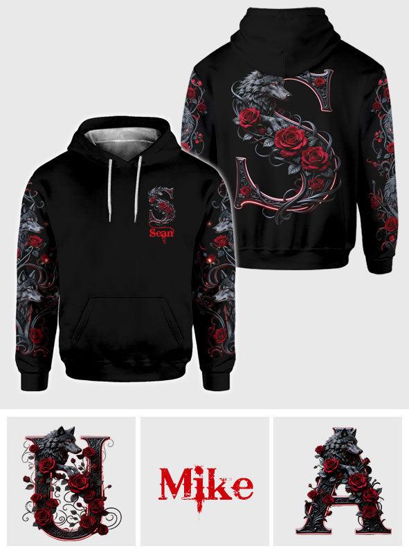 Loup et roses, personnalisation initiale - T-shirt personnalisé avec loup intégral