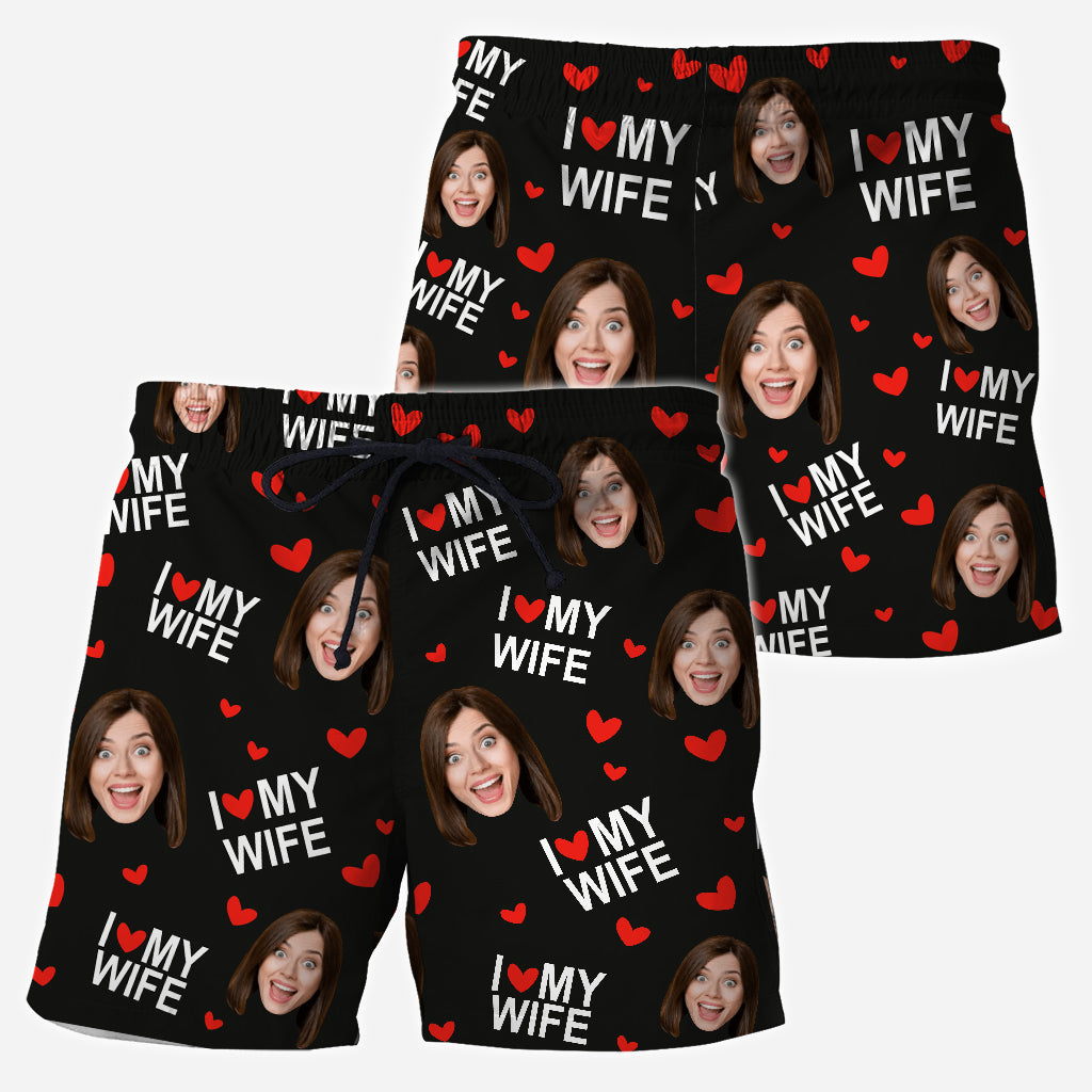 I Love My Husband - Personalized Couple Triangle Bikini Swimsuit And Men Shorts