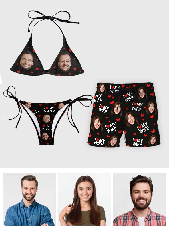 I Love My Husband - Personalized Couple Triangle Bikini Swimsuit And Men Shorts