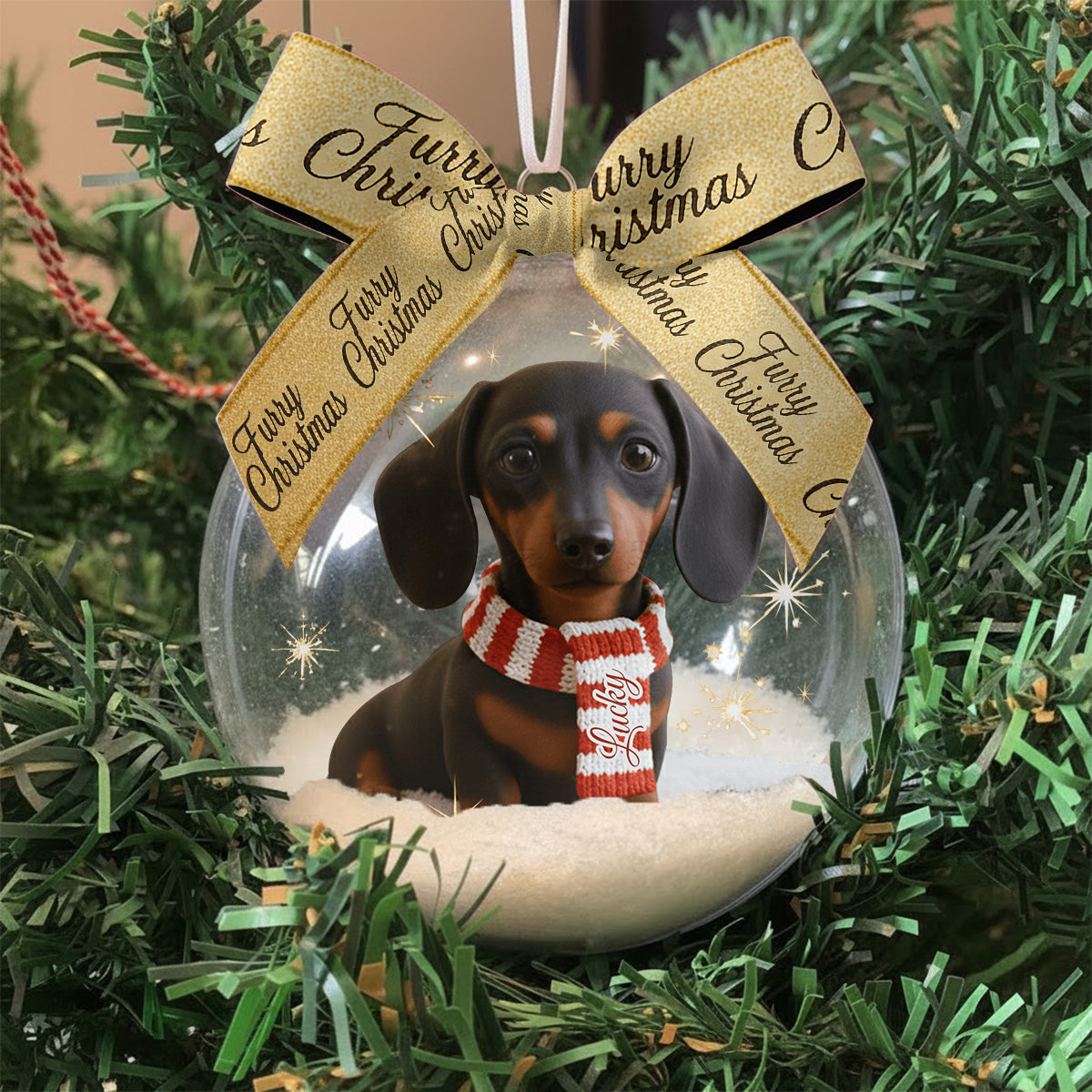 Ich liebe meinen Hund – Personalisierte Schneekugel mit Hund und Schleife