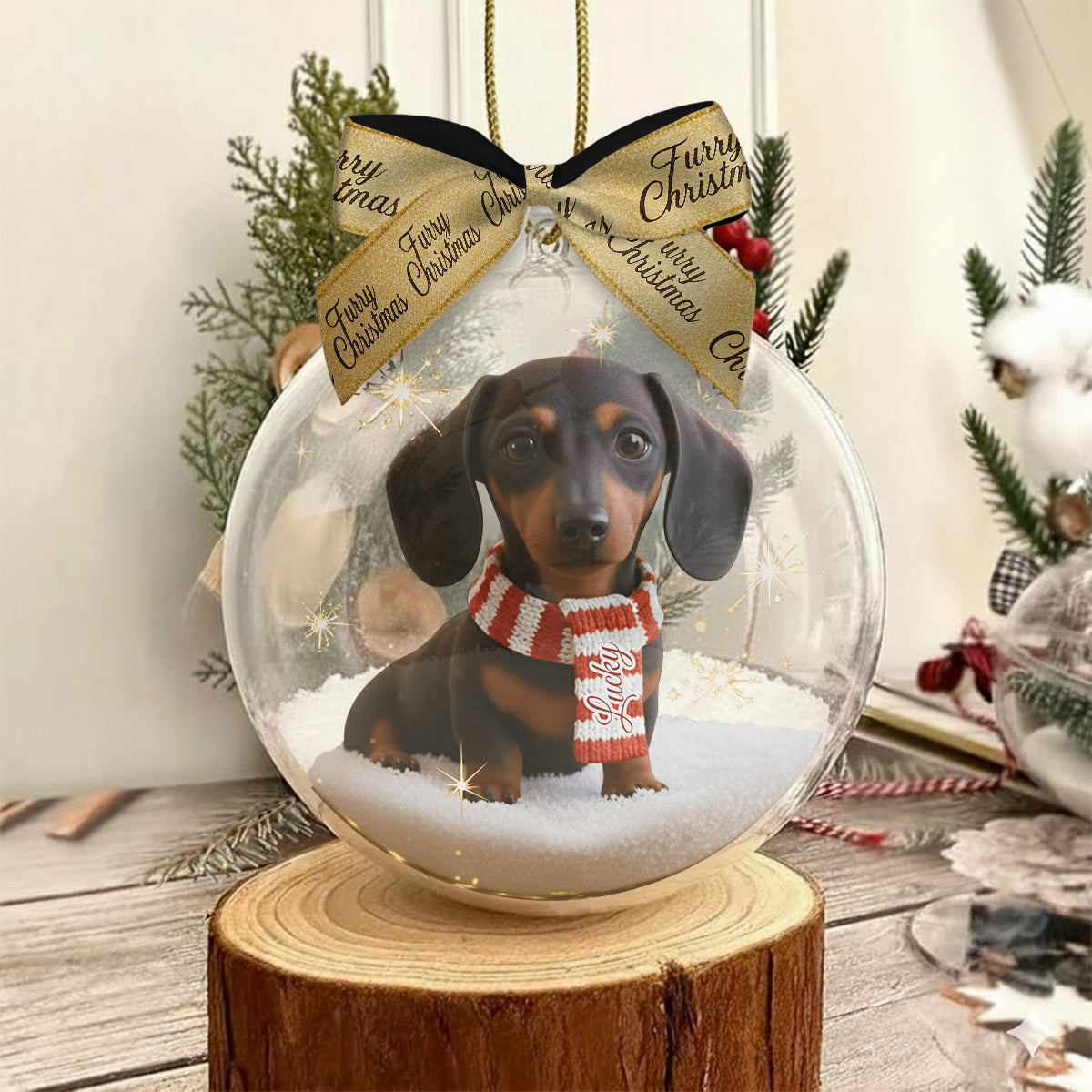 Ich liebe meinen Hund – Personalisierte Schneekugel mit Hund und Schleife