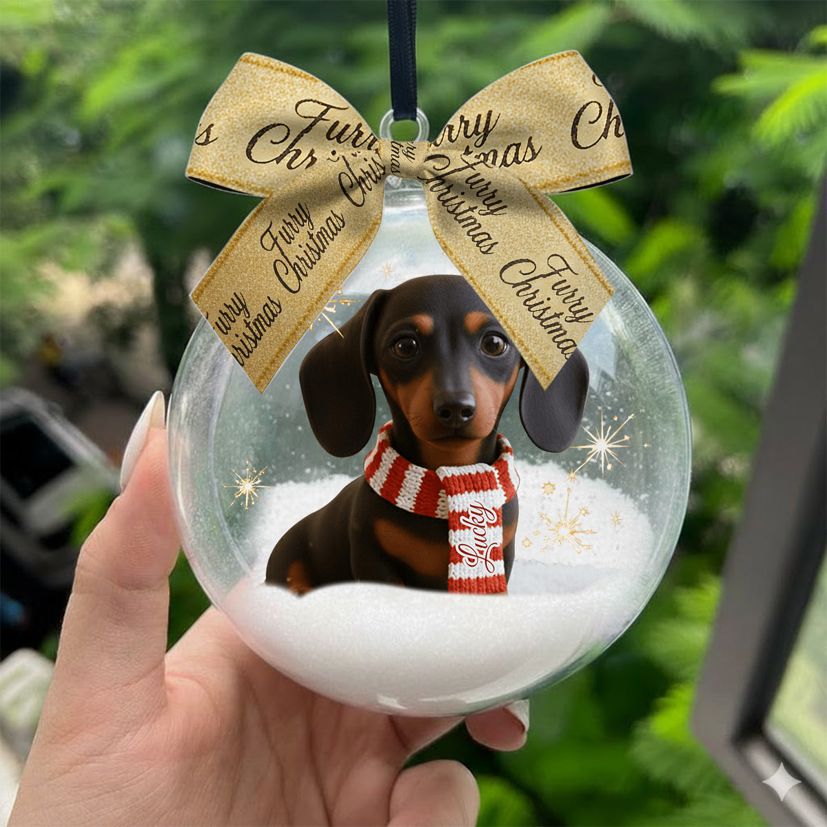 Ich liebe meinen Hund – Personalisierte Schneekugel mit Hund und Schleife