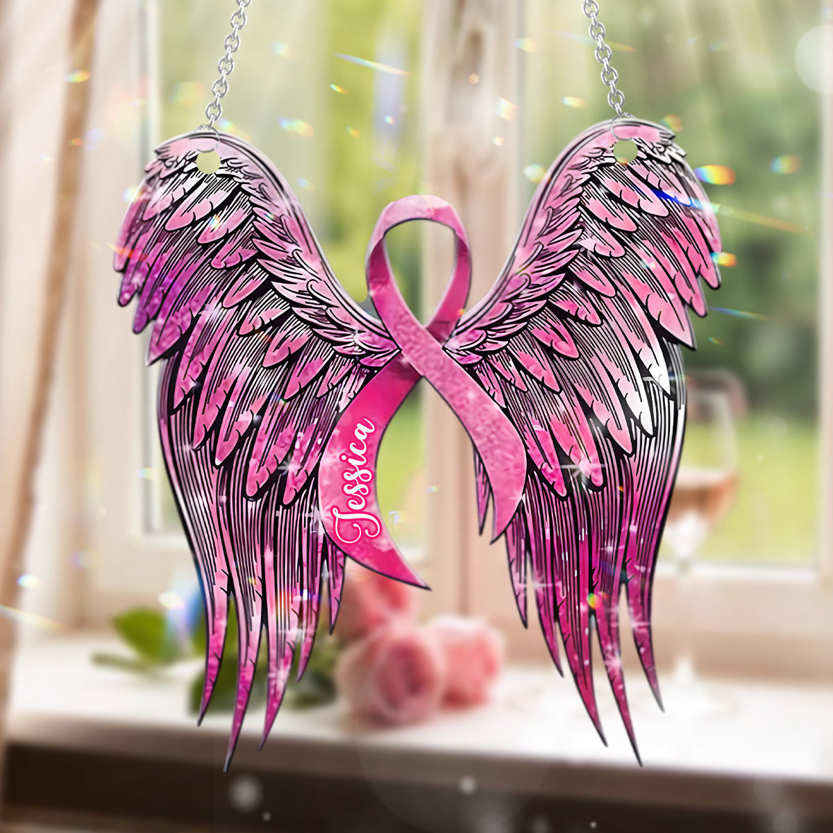 Brustkrebsvorsorge – Unterstützung für rosa Schleife und Engelsflügel – Personalisierter Fensterhänger zur Brustkrebsvorsorge