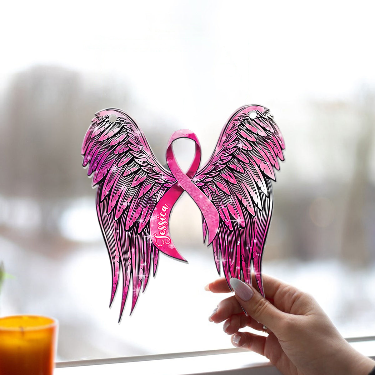 Brustkrebsvorsorge – Unterstützung für rosa Schleife und Engelsflügel – Personalisierter Fensterhänger zur Brustkrebsvorsorge