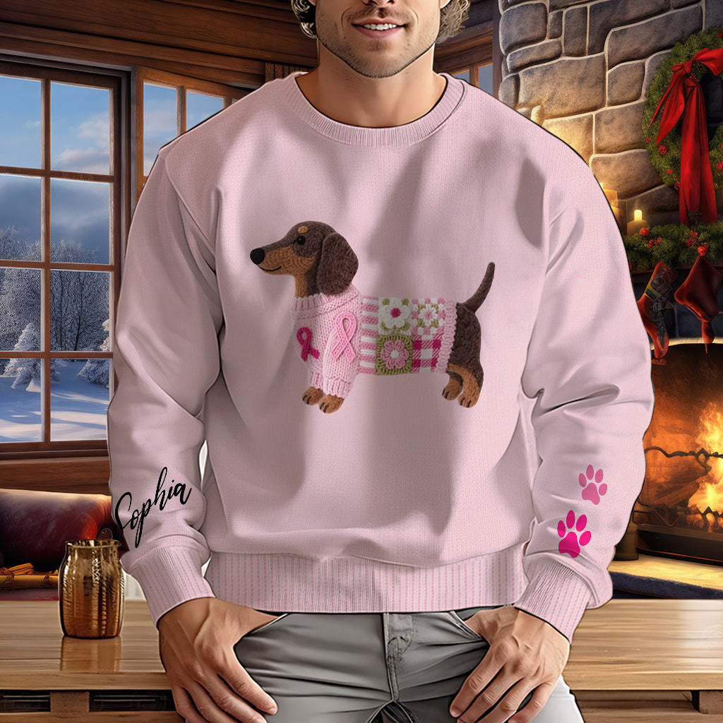 Pull moche personnalisé avec un teckel rose en tricot pour la sensibilisation au cancer du sein