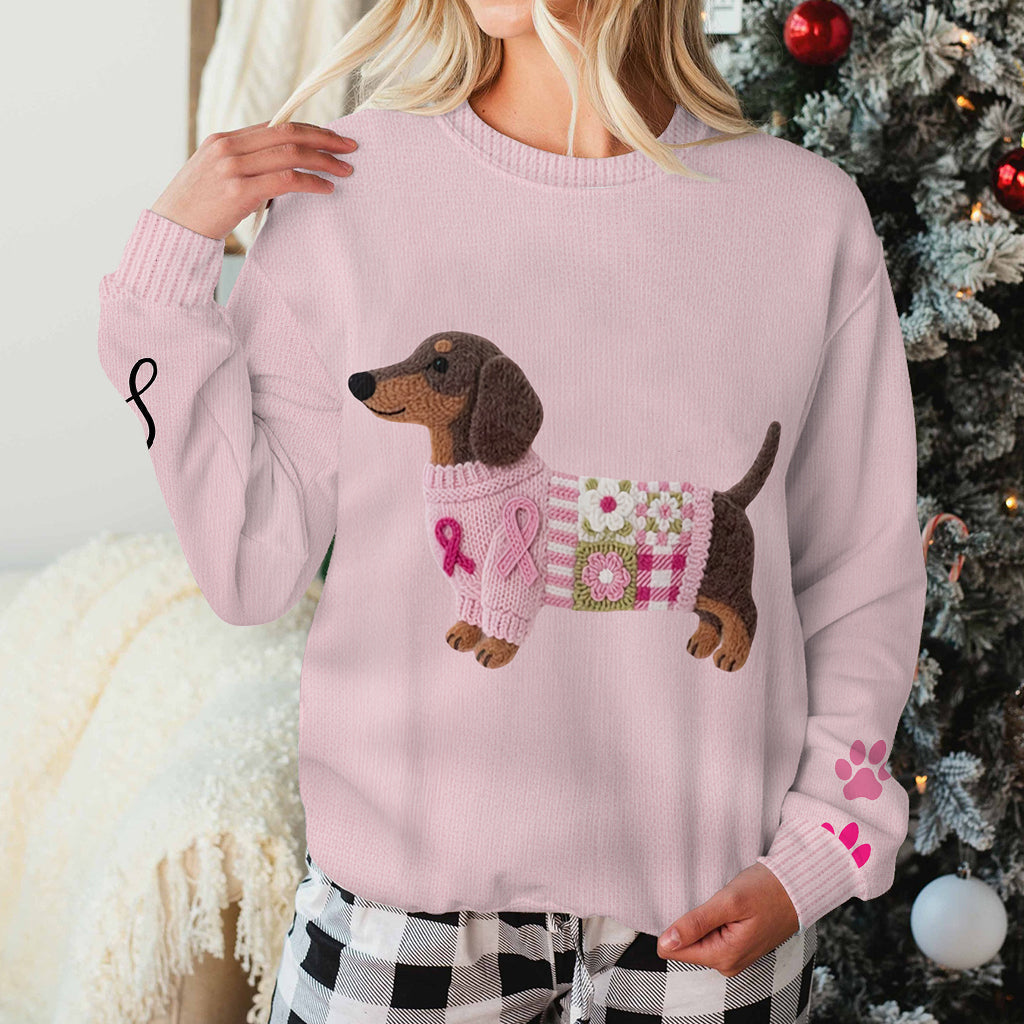 Pull moche personnalisé avec un teckel rose en tricot pour la sensibilisation au cancer du sein