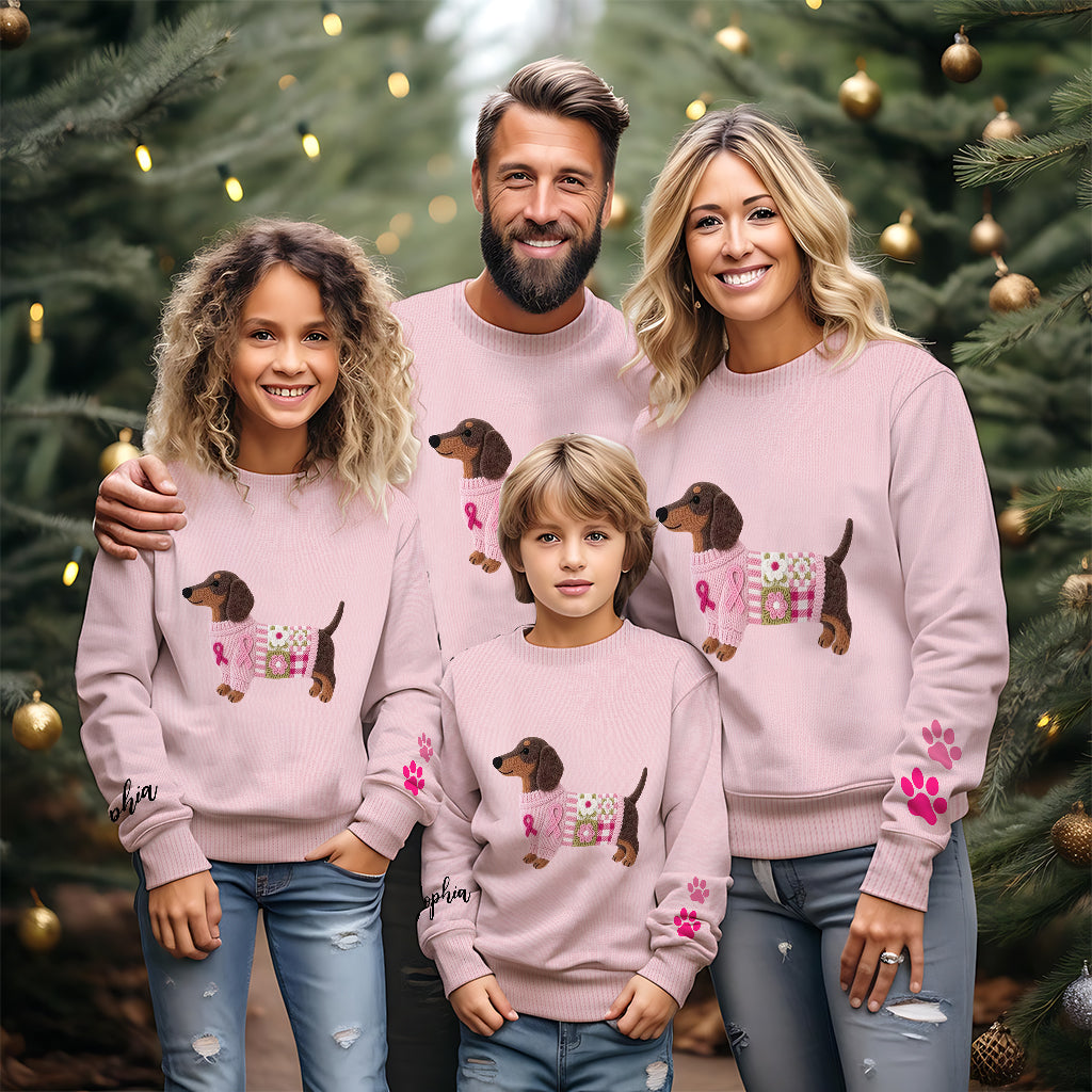 Pull moche personnalisé avec un teckel rose en tricot pour la sensibilisation au cancer du sein