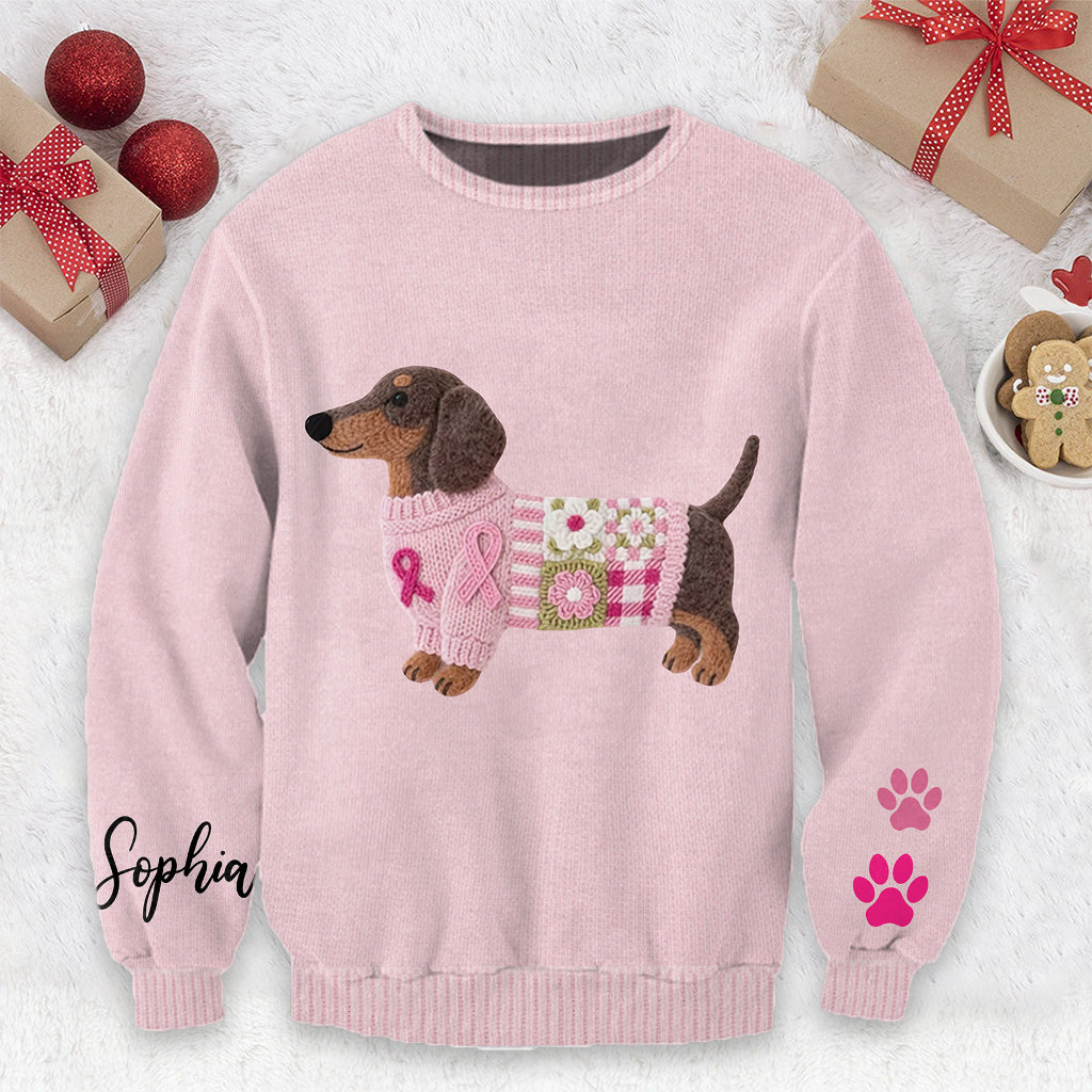 Pull moche personnalisé avec un teckel rose en tricot pour la sensibilisation au cancer du sein