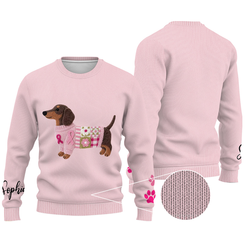 Pull moche personnalisé avec un teckel rose en tricot pour la sensibilisation au cancer du sein